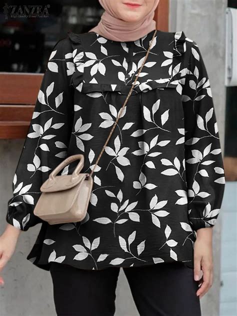 Zanzea Autumn Bohemian Floral Printed Muslim Blouse Woman Puff Sleeve O