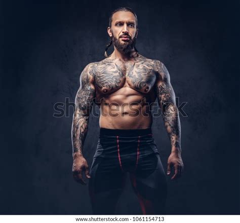 Portrait Muscular Naked Bearded Tattoed Male Stock Photo
