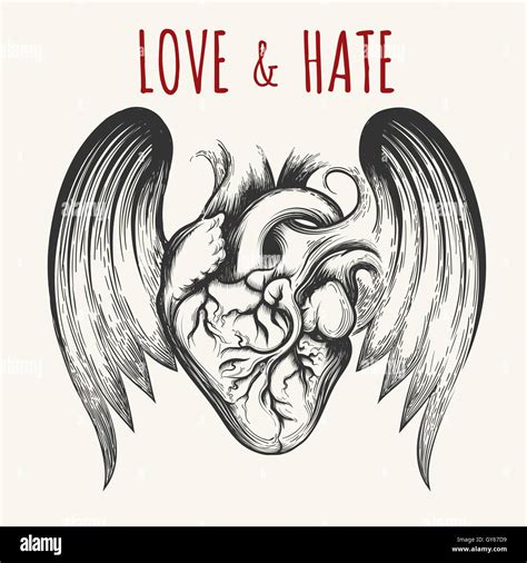 Love And Hate Tattoo Human Heart With Wings And Wording Vector