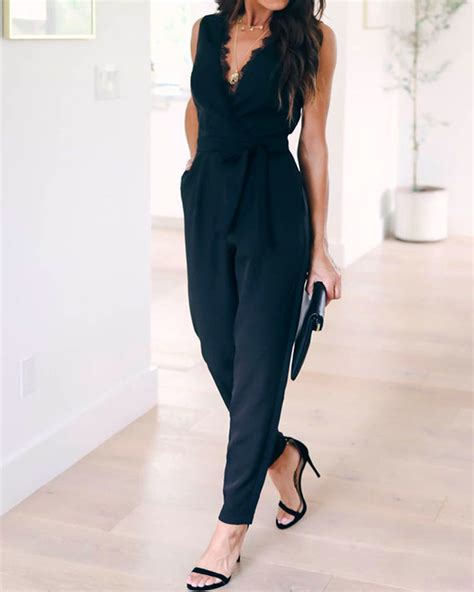 Black Sexy Deep V Neck Lace Pocket Straps Jumpsuit Nowachic