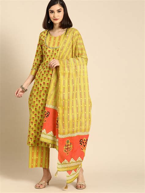 Anouk Women Mustard Yellow Ethnic Motifs Printed Cotton Kurta With