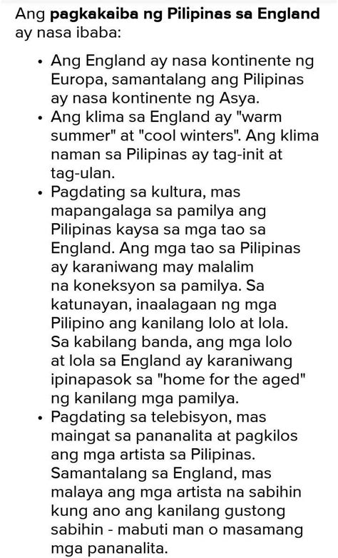 Ano Ang Pagkakaiba Ng Pilipinas At England Kultura Ng Pamilya Brainly Ph