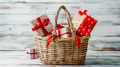 Premium Photo A Basket Of Gift Wrapped Presents With A Red Bow