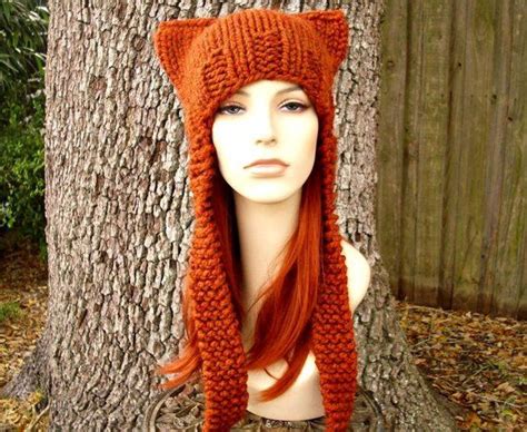 Orange Knit Hat Orange Womens Hat Orange Ear Flap Cat Hat In Rust