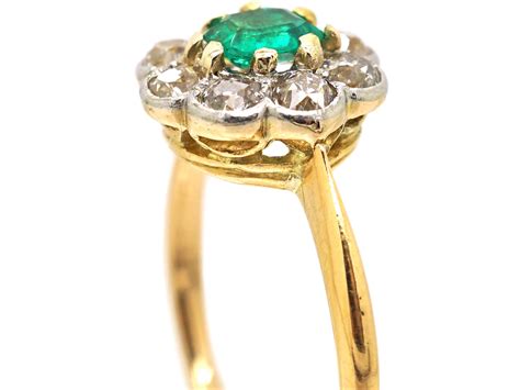 Edwardian 18ct Gold And Platinum Emerald And Diamond Cluster Ring 61w The Antique Jewellery Company