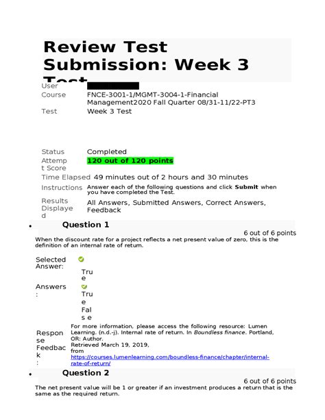 FNCE 3001 1 MGMT 3004 1 Financial Management Week 3 Midterm Score