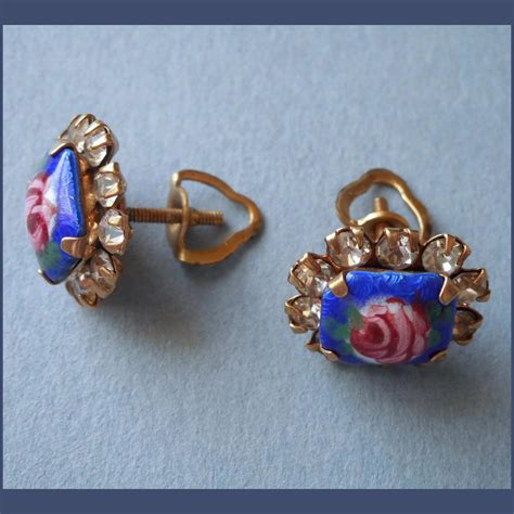 Vintage Enamel Rhinestones Pierced Earrings Blue Pink Roses Mercy Maude Ruby Lane