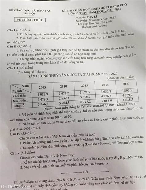 Đề Thi Hsg Địa Lí 12 Thành Phố Hà Nội 2022 2023 Ôn Thi 123
