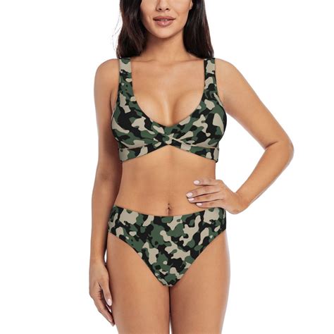 Womens Bikini Sets Two Piece Dark Green Camo Cross Design Swimsuit High Waisted Bathing Suit