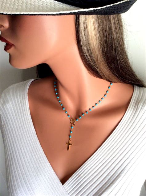 Rosary Neclace Turquoise Gemstones Goldfilled Cross Pendant Etsy