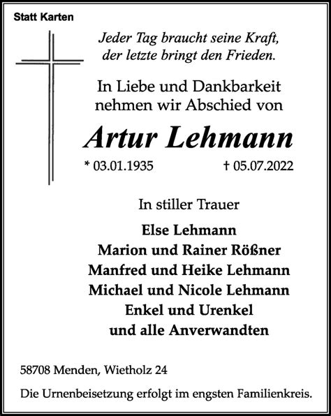 Traueranzeigen Von Artur Lehmann Trauer In Nrw De