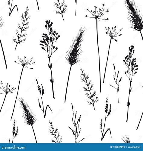 Black And White Seamless Pattern With Wild Herbs Stock Vector