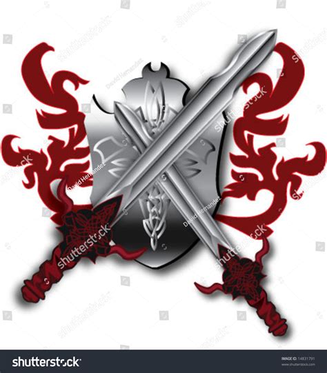 Crossed Celtic Swords Coat Of Arm Silver Red Vector Illustration