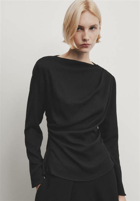 Massimo Dutti Long Sleeve With Draped Detail Bluse Blackschwarz