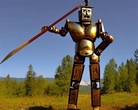 Krea Ancient Greek Robot Warrior Standing In Front Of Altai Forest