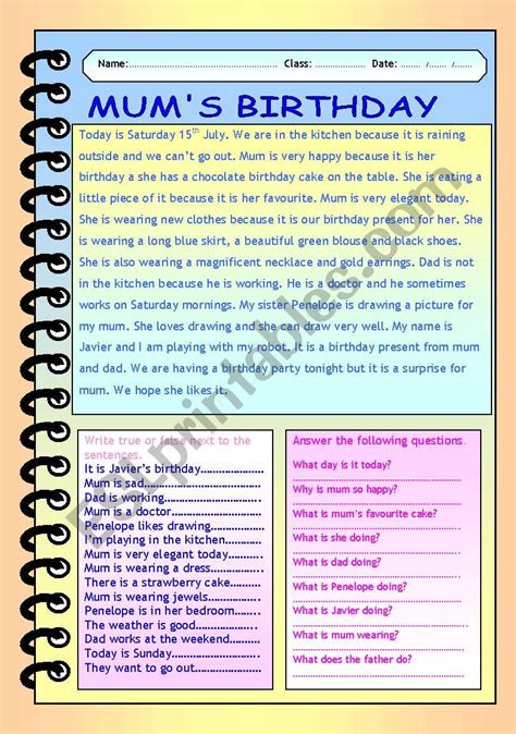 Mum´s Birthday Reading Comprehension Esl Worksheet By Montseteacher