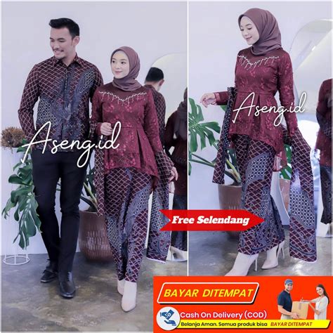 Jual Kebaya Batik Couple Burkat Kondangan Brokat Tile Brukat Wisuda Set Kutu Baru Baju Lamaran