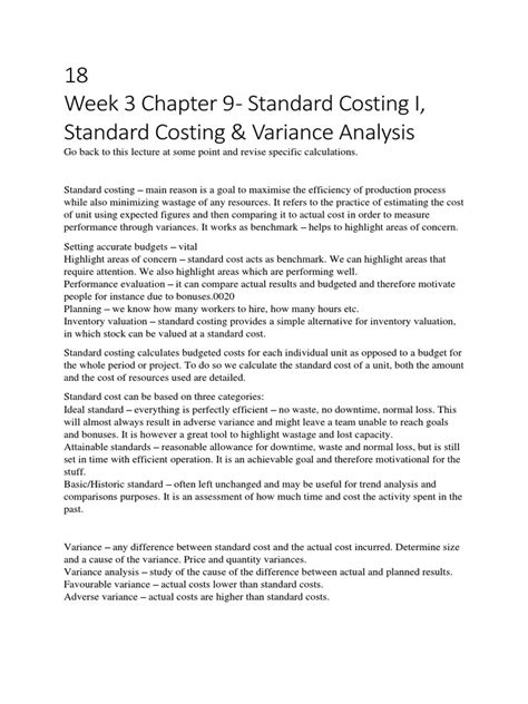 Week 3 Chapter 9 Standard Costing I Standard Costing And Variance Analysis Pdf Cost