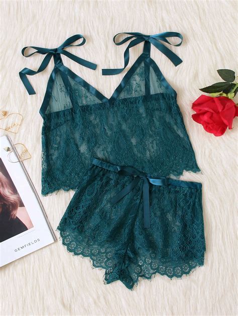 Shein Tie Shoulder Eyelash Lace Cami And Shorts Pj Set Hübsche Dessous