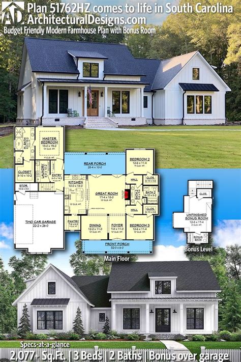 Plan 51762HZ Budget Friendly Modern Farmhouse Plan With Bonus Room