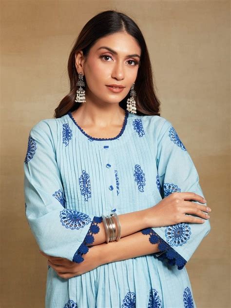 Buy Blue Embroidered Cotton Kurta With Striped Pants Set Of