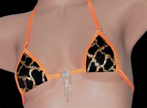 Mini Micro G String Bikini Holographic Gold Wavy Lines On Black Orange Trim Rhinestone S M Etsy