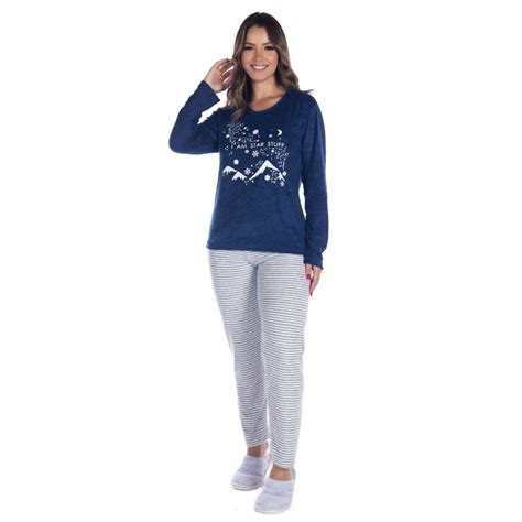 Pijama Feminino Tecido Plush Fechado De Inverno Blusa Manga Longa