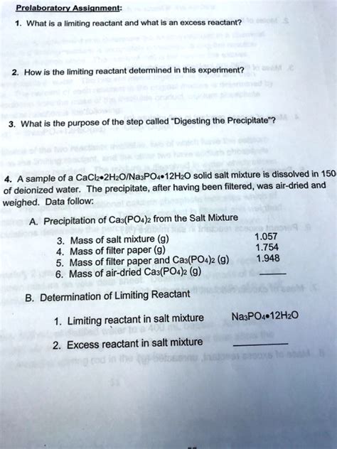 Solved Prelaboratory Assignment 1 What Is A Limiting Reactant And What Is An Excess Reactant