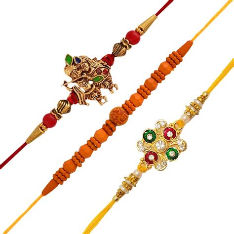 CraftVatika Pack Of 3 Rakhi For Brother And Bhabhi Peacock Radha