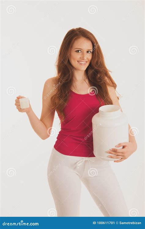 Attractive Beautiful Sporty Woman Holds Blank Plastic Protein Co Stock