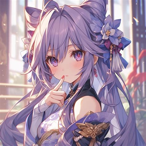 Premium AI Image | Anime girl with long purple hair and a blue dress ...