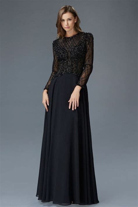 G2097 Black Long Sleeve Lace Chiffon MOB Modest Prom Dress Or Evening