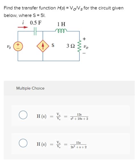 Solved Find The Transfer Function H S Vo Vs For The Circuit Chegg