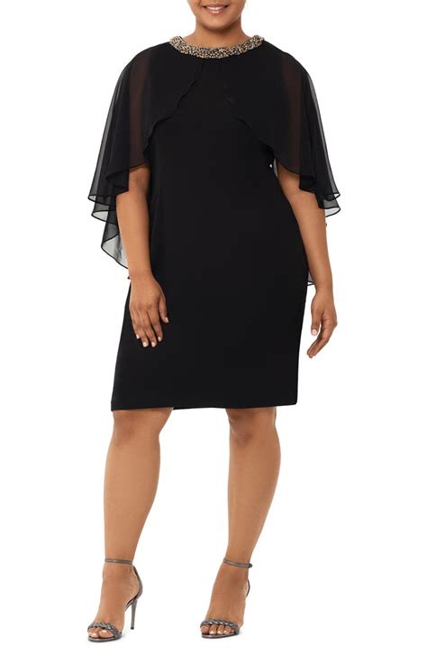 Xscape Chiffon Cape Sleeve Beaded Neckline Cocktail Dress Plus Size