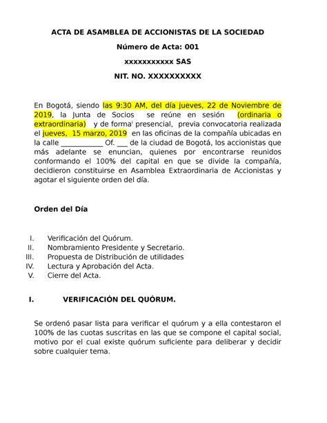 ACTA DE Reparto DE Utilidades Proforma Final Sas ACTA DE ASAMBLEA DE