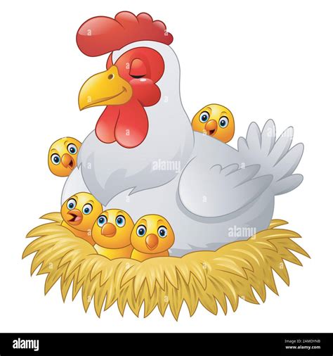 Caricatura Gallina Con Pollos Sentados En Un Nido Imagen Vector De