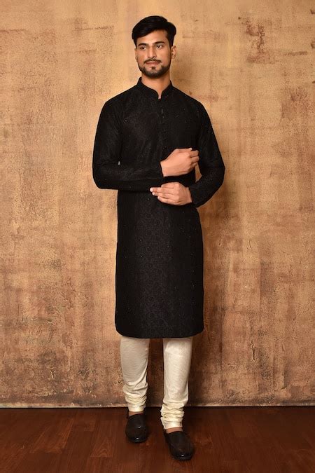 Buy Black Art Silk Hand Work Floral Pattern Straight Kurta Set For Men