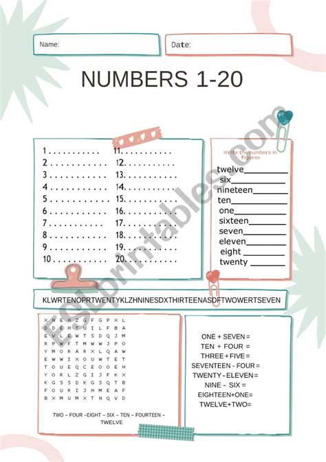 Numbers 1 20 Esl Worksheet By Anipe