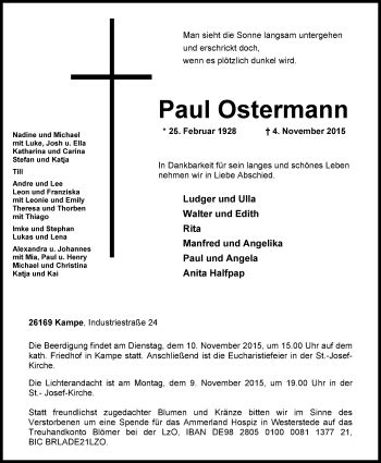 Traueranzeigen Von Paul Ostermann Nordwest Trauer De