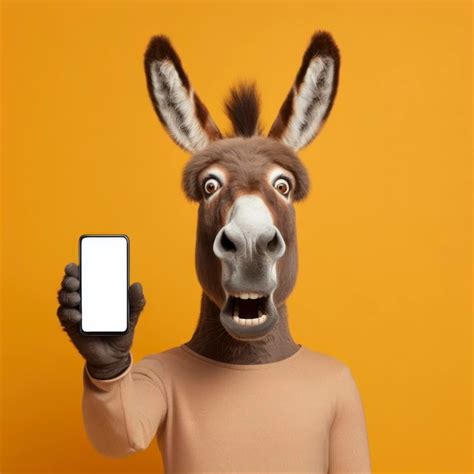 Premium AI Image Shocked Donkey Holding Smartphone With White Mockup