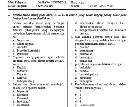 √ Soal Pat Bahasa Indonesia Kelas 10 Dan Kunci Jawaban Harian Madrasah