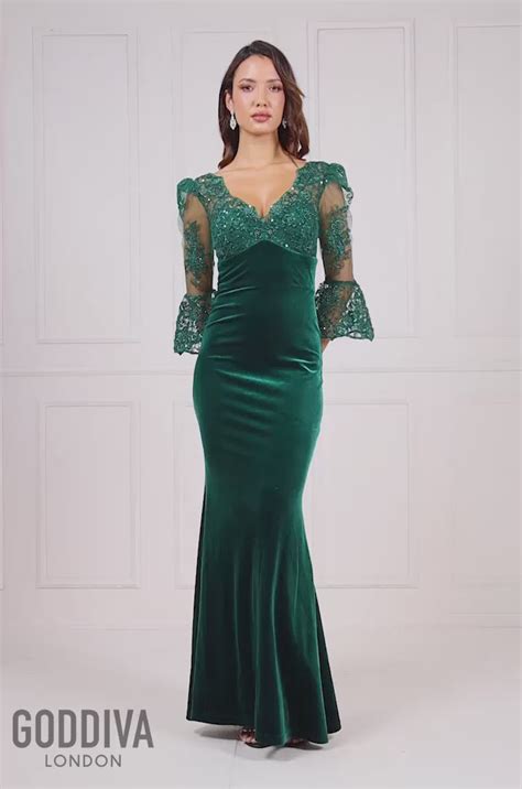 Scalloped Lace And Velvet Maxi Dress Emerald Green