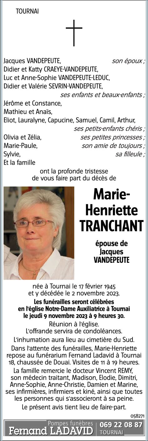 Avis De D C S De Marie Henriette Tranchant D C D Le