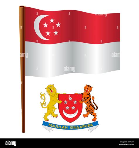 Singapur Ondulada Bandera Y Escudo De Armas Con Fondo Blanco