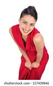 Smiling Mysterious Brunette Red Dress Posing Stock Photo 151151291