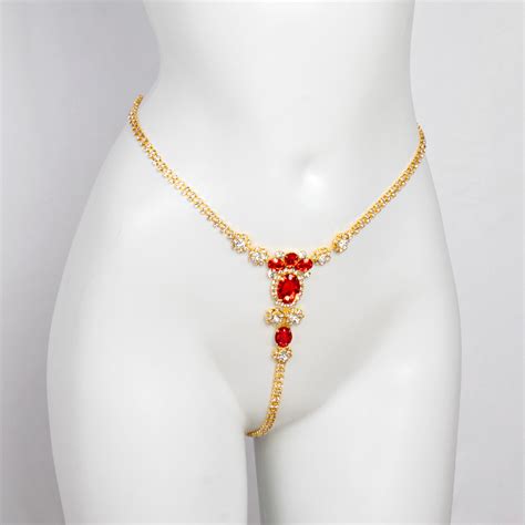 Sexy Red Rhinestone Underwear Crystal Heart Pendant Waist Belly Bikini