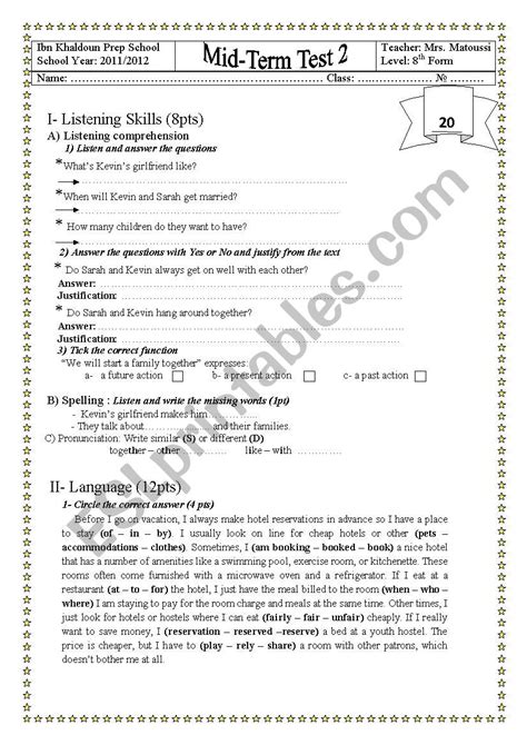 MID TERM TEST 3 8TH FORM ESL Worksheet By Saaidiyasmine