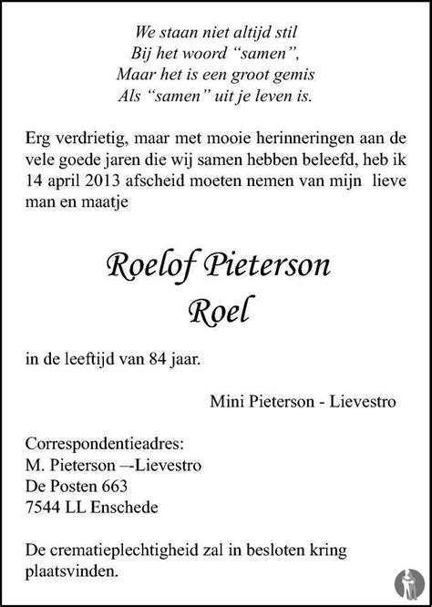 Roelof Roel Pieterson 14 04 2013 Overlijdensbericht En Condoleances