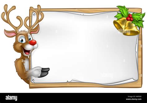 Christmas Reindeer Cartoon Character Peeking Around Wooden Scroll Sign With Gold Bells And Holly