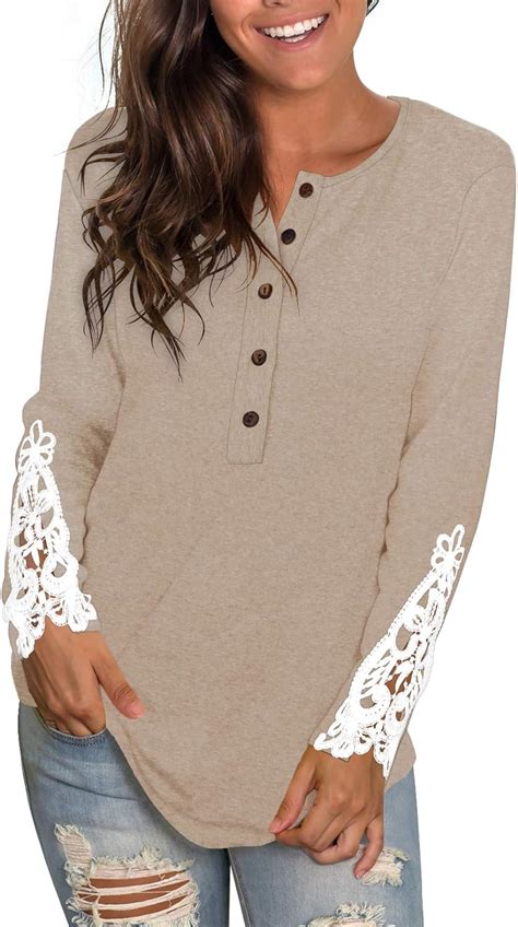 Wiholl Womens Long Sleeve Solid Color Round Neck Lace Buttons Tunic Tops Henley